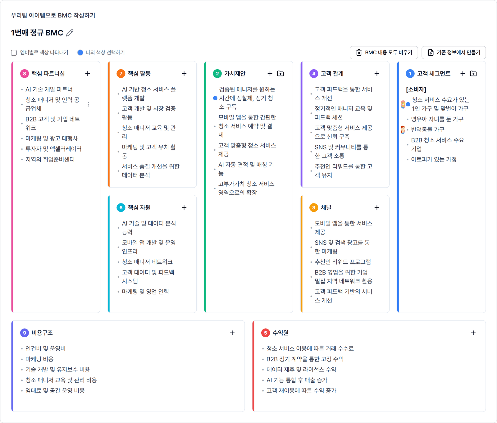 스타트업 스튜디오 비즈니스 모델 캔버스 화면